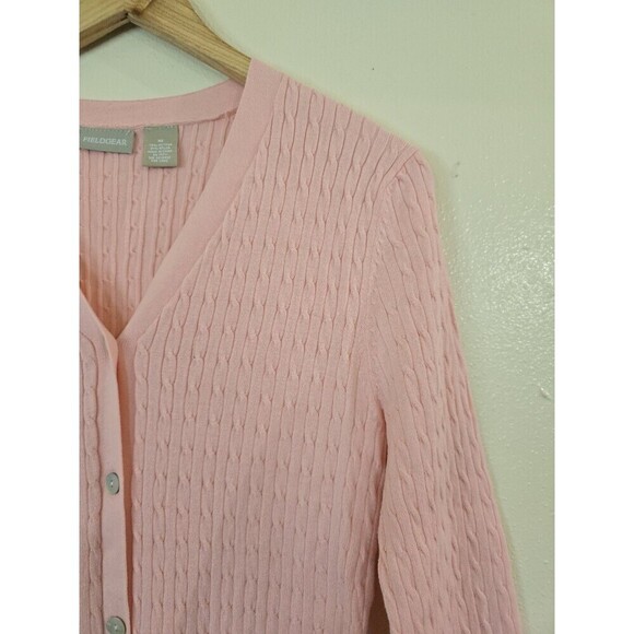 Field Gear Pink Button Cardigan Sweater Womens Medium Knit Preppy 3/4 Sleeve - Picture 2 of 9